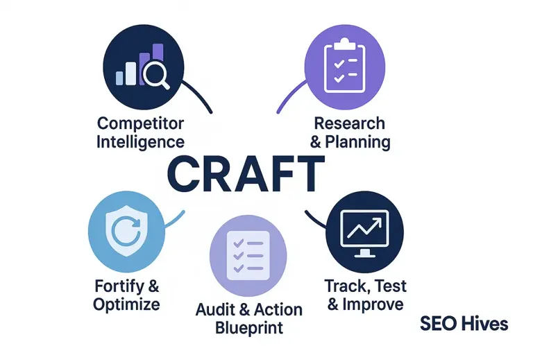 SEO Hives CRAFT process for services including competitor intelligence, research, audit, optimization, and tracking