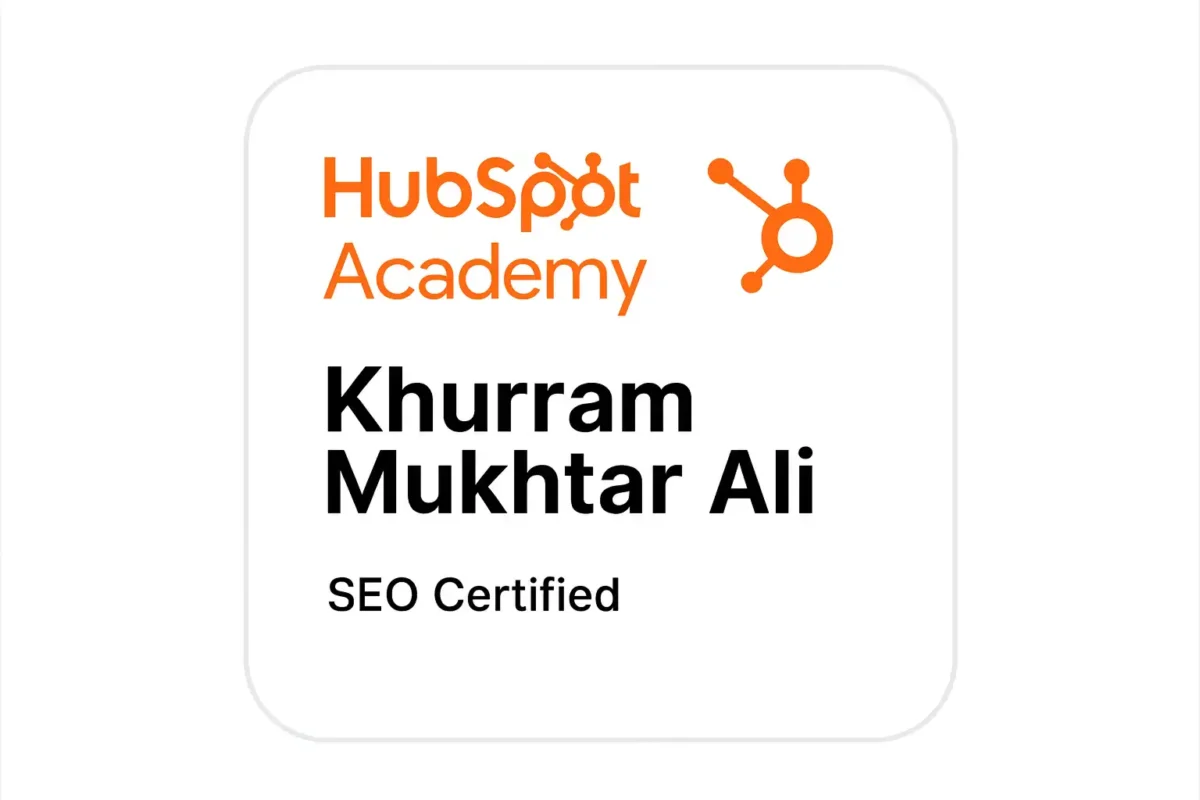 HubSpot Academy SEO Certified Badge awarded to Khurram Mukhtar Ali, recognized as a certified SEO expert.